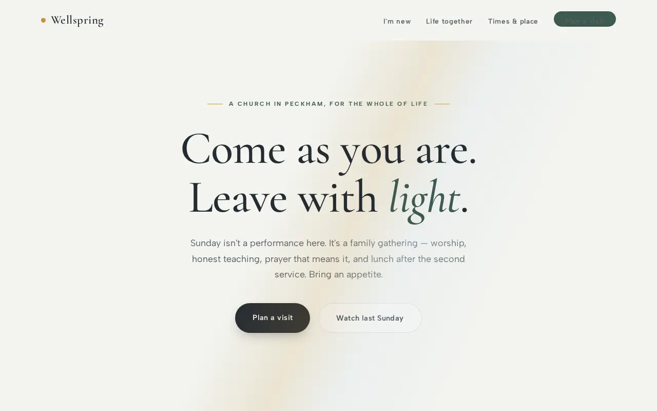 Homepage of the Wellspring demo concept church website